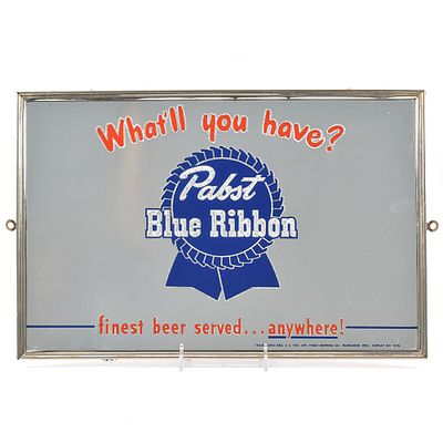 Pabst Blue Ribbon Beer 1950s Reverse-Painted Glass Mirror Sign. Brewer/Business Name: Pabst 