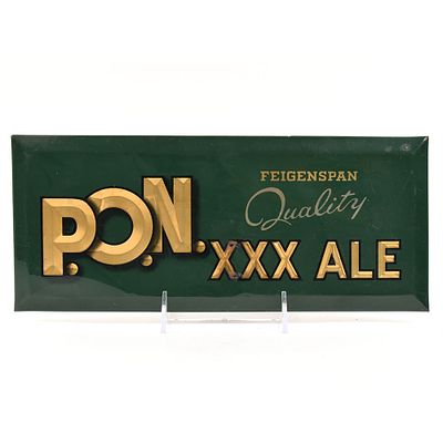 PON XXX Ale 1930s Tin-Over-Cardboard Sign QUALITY. Brewer/Business Name: Christian Feigenspan 