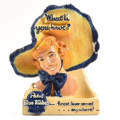 Pabst Blue Ribbon Beer 1950s Chalk Back Bar Statue WHAT WILL YOU HAVE HAT LADY. Brewer/Business 