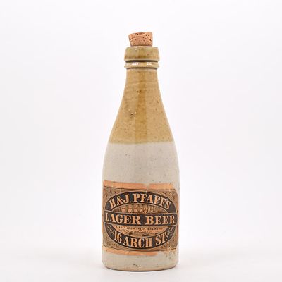 Pfaffs Lager beer Pre-Pro Paper Label Stoneware Bottle -VERY EARLY RARE-. Brewer/Business Name: 