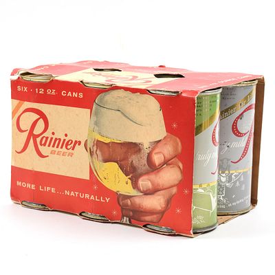 Rainier Jubilee Set Flat Top Cardboard 6-Pack Carrier and 6 Cans. Brewer/Business Name: Sicks 