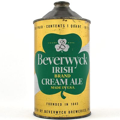 Beverwyck Irish Brand Cream Ale Quart Cone Top IRTP UNLISTED SCARCE. Brewer/Business Name: 