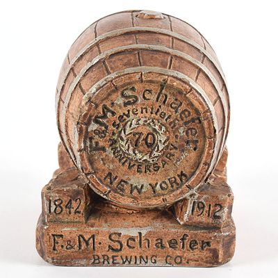 F and M Schaefer Brewing 1912 Commemorative 70th Anniv Chalk Back Bar Barrel Statue. Brewer/Busin 