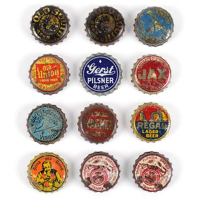 Southern Brewers Cork-backed Crowns Lot of 12. Brewer/Business Name: Multiple breweries and 