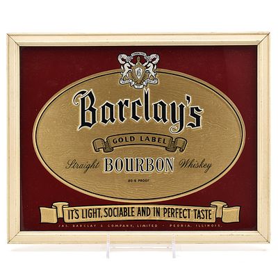 Barclays Gold Label Bourbon 1930s Composite Reverse-Painted Glass Sign EXCEPTIONAL. Brewer/Busine 