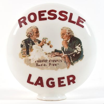 Roessle Lager Master Brewers Milk Glass Advertising Globe RARE LIKELY BEST. Brewer/Business 