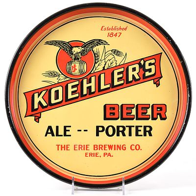 Koehlers Beer-Ale-Porter 1930s Serving Tray. Brewer/Business Name: Erie Brewing Co., Erie, 