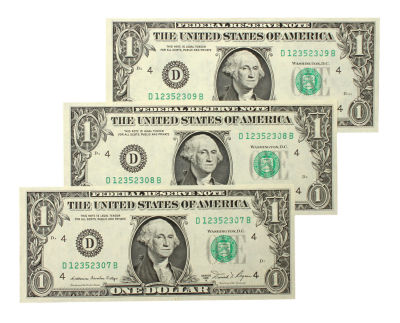 Collection of Three $1 Bills with Consecutive Numbers Given Directly by the Rebbe - 1980s . Three 