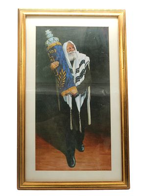 The Rebbe's Portrait with a Sefer Torah Framed Color Print - Israel, 20th Century . Color print 
