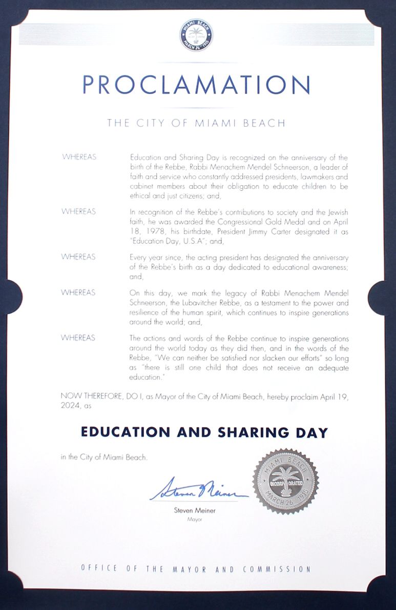 Official Proclamation by the Miami Beach Municipality for the Education and Sharing Day on the 