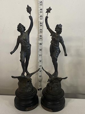 Two antique spelter figures 'Le Jour' & 'La Nuit' H36cm, shipping unavailable