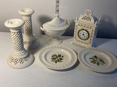 A selection of Leeds Creamware including candlesticks, mantle clock etc, shipping unavailable