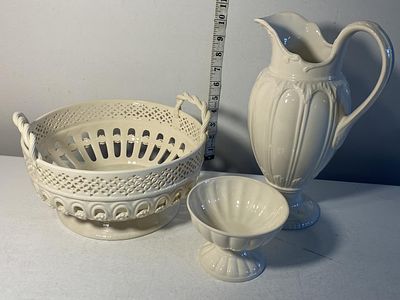 Three pieces of Leeds Creamware including ewer and basket, shipping unavailable