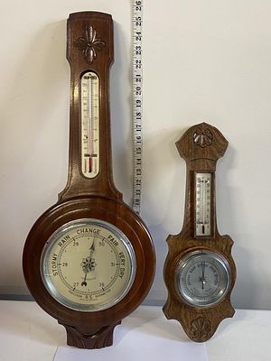 Two vintage wooden cased barometers, shipping unavailable