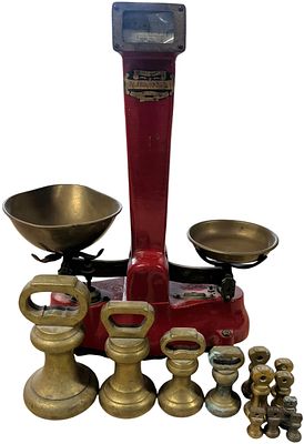A Day and Millward Cast Iron and Brass Retail Balance Scale and a Collection of Brass Weights 