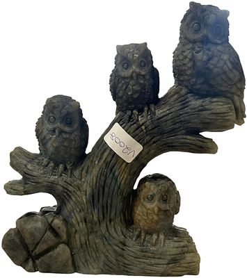 A Quality Carved Labradorite Group of Owls on a Branch. Height - 27cm