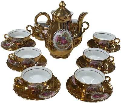 A Thirteen Piece Bavarian Gilt Porcelain Love Story Pattern Coffee Service, 15 piece set. No 
