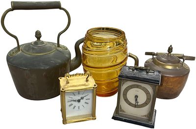 A Collection of Clocks, Metalware, and Glassware including a Metamec Mantel Clock, No Shipping