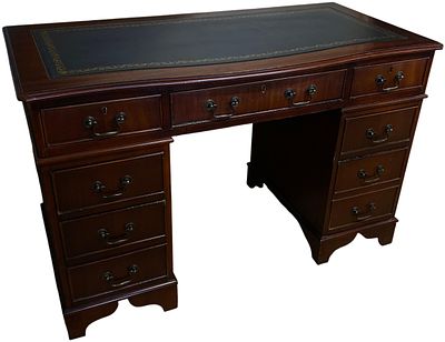 A Reproduction Mahogany Bow-Front Pedestal Desk with Inset Leather Top, No Shipping. 120cm x 