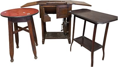 A Trio of Early 20th Century Tables including a Gritzner Treadle Sewing Machine Cabinet, No 