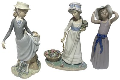 A Trio of Lladro Glazed Porcelain Figurines, tallest 28cm. No shipping