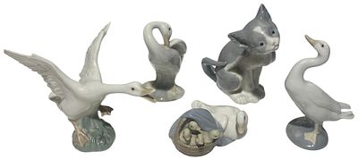 A Collection of Five Lladro Glazed Porcelain Animal Figurines, No shipping