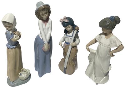 A Collection of Four Lladro and Nao Spanish Glazed Porcelain Figurines, tallest 24cm. No shipping
