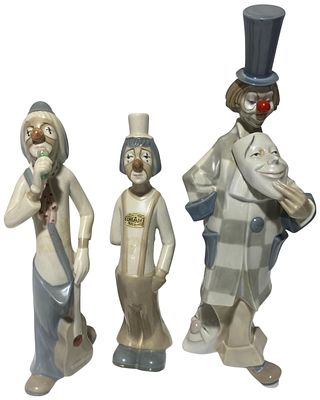 A Trio of Casades Spanish Porcelain Clown Figurines, tallest 33cm. No shipping