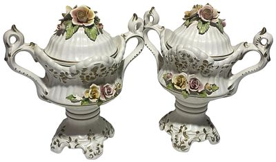 A large Pair of Italian Capodimonte Porcelain Lidded Urns. 39cm tall. No shipping.