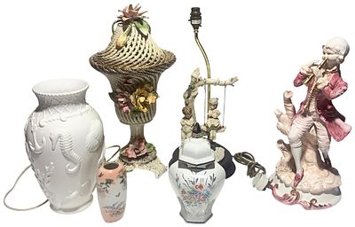 A Collection of Seven Italian Porcelain Figurines and Lamp Bases including Capodimonte and 