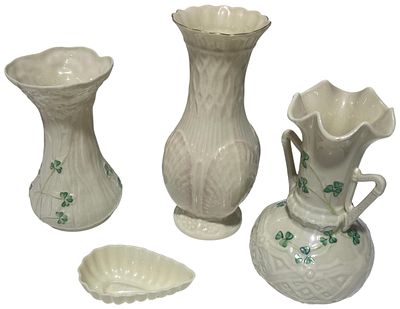 A Collection of Belleek Parian Porcelain Tableware and Vases, No shipping