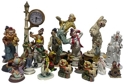 A Collection of Decorative Clown Figurines including examples by A. Belcari and Regency Fine 