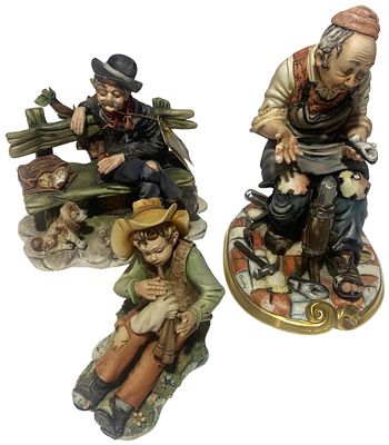 Three Capodimonte Polychrome Bisque Porcelain Figurines of Rustic Scenes. Tallest 25cm. No shipping.