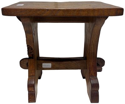 A "Gnomeman" adzed oak stool. Made by Thomas Whittaker of Littlebeck. 1910 - 1991. Tom was one 