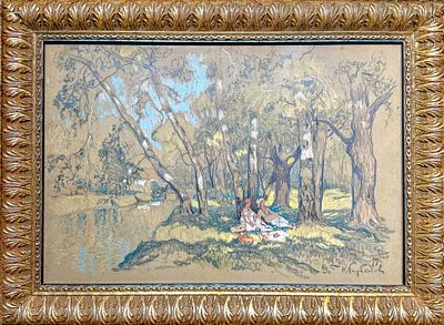 Горбатов Константин Иванович (1876-1945) - В парке. Пикник на берегу реки. 1919 г. Бумага 