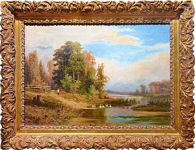 Гине Александр Васильевич (1830-1880) - Летний пейзаж с гусями. 1870-е гг. Холст, масло. 46,7 х 65,8 см