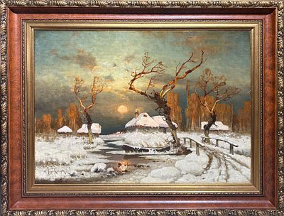 Клевер Юлий Юльевич (1850-1924) - Зимний вечер. Конец XIX в. Холст, масло. 58,2 х 80 см. ЭКСПЕРТНОЕ 