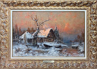 Клевер Юлий Юльевич (1850-1924) - Зима. Хутор. 1890 г. Холст, масло. 58 х 89,5 см . ЭКСПЕРТНОЕ 