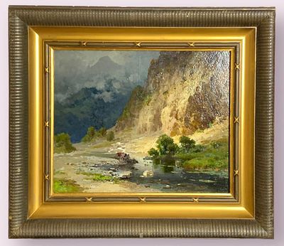 *Оболенский Николай Николаевич (1863-не ранее 1907) - Горный пейзаж с рекой. Конец XIX в. Картон 