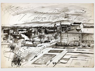 [Архив художника] Курзенков Л.С. Рисунок &laquo;Ул. Фрунзе. Вид с балкона&raquo;, 1971 г. 
На лицевой 