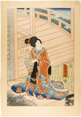 [Японское искусство, жанр бидзин-га] Утагава Кунисада. Ксилография "Красавица с чайником в 