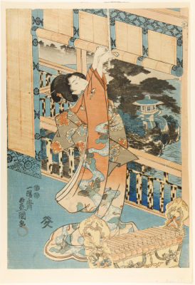 [Японское искусство, жанр бидзин-га] Утагава Кунисада. Ксилография на шелке "Красавица 