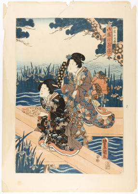 [Японское искусство, жанр бидзин-га] Утагава Кунисада. Ксилография "Красавицы на мостике 