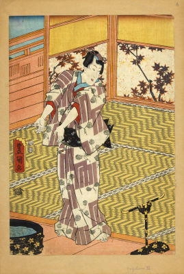 [Японское искусство, жанр бидзин-га] Утагава Кунисада. Ксилография "Красавица перед омовением" 