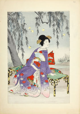 [Японское искусство, жанр бидзин-га] Неизвестный мастер XIX в. Ксилография "Красавица в зимнем 