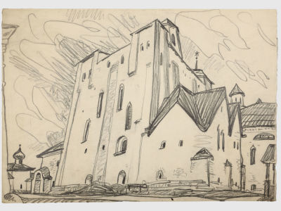 [Архив художника] Курзенков Л.С. Рисунок "В монастыре", 1970-е гг. 
Бумага, карандаш. Размер: 