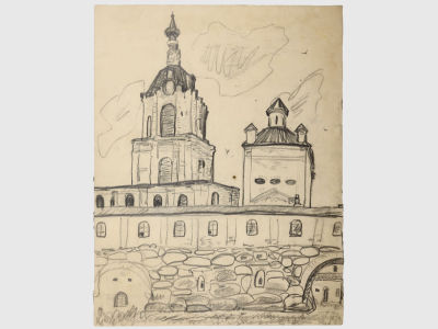 [Архив художника] Курзенков Л.С. Рисунок "У храма", 1970-е гг. 
Бумага, карандаш. Размер: 41 