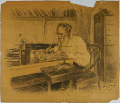 [Топ-лот!] Пастернак Л.О. Литография "Лев Толстой за работой", 1908 г.