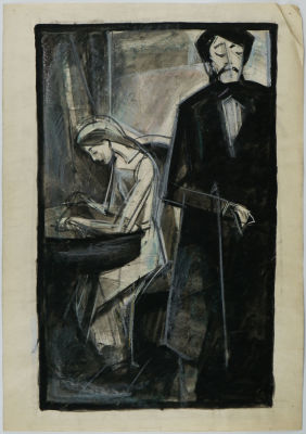 Минаев В.Н. "У стола" (вариант эскиза), 1971 г. Из серии работ автора к повести Ф.М. 