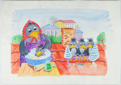 Адалян С.Р. "Сорока деток купала", нач. XXI в. 
Бумага, гуашь, акварель. Размер: 60 х 42 